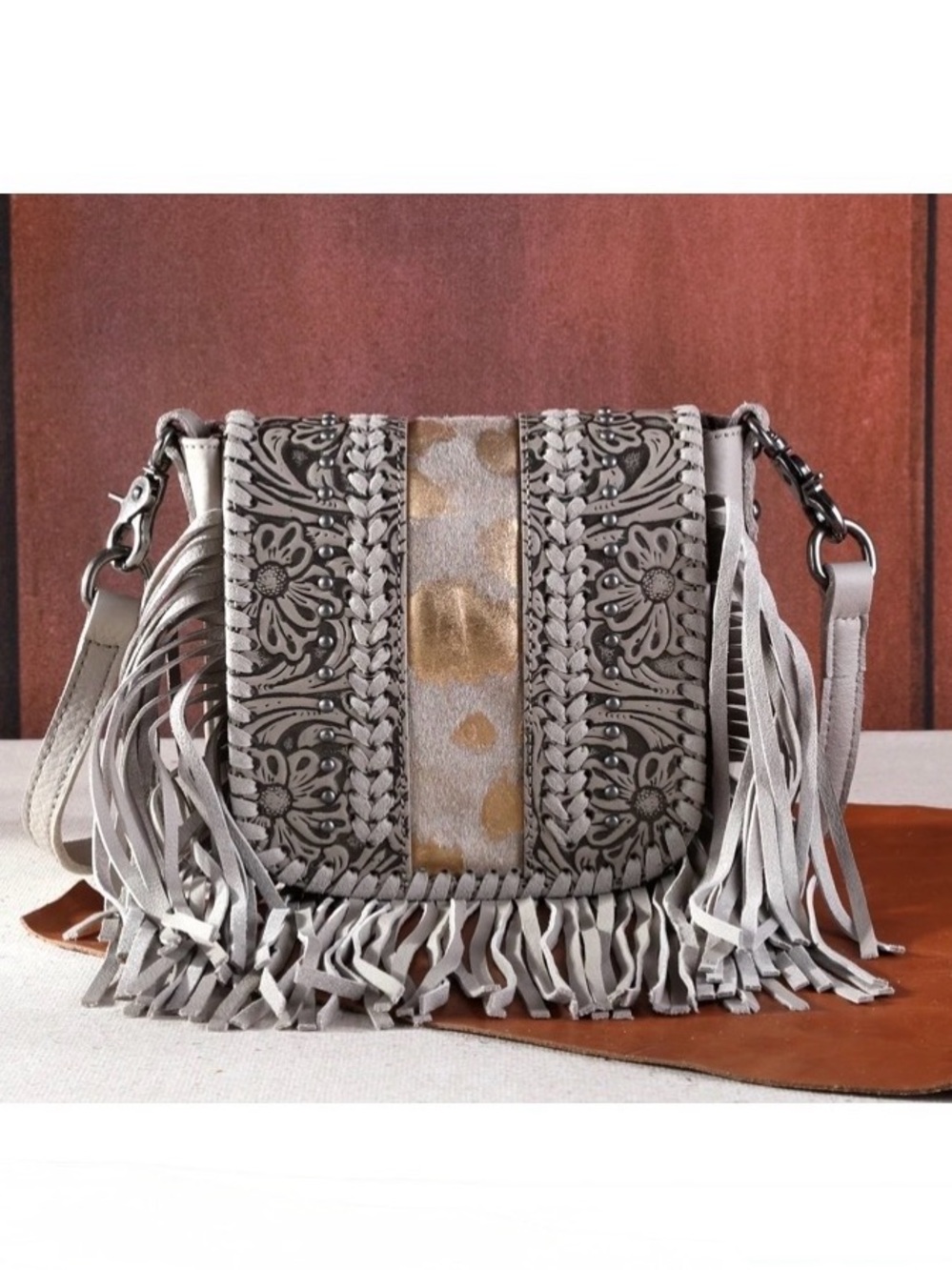 Montana West Leather Western Fringed Floral Embossed Adjustable Crossbody Bag